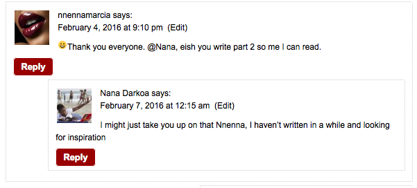 Screen grab of comment between Nnnena and I