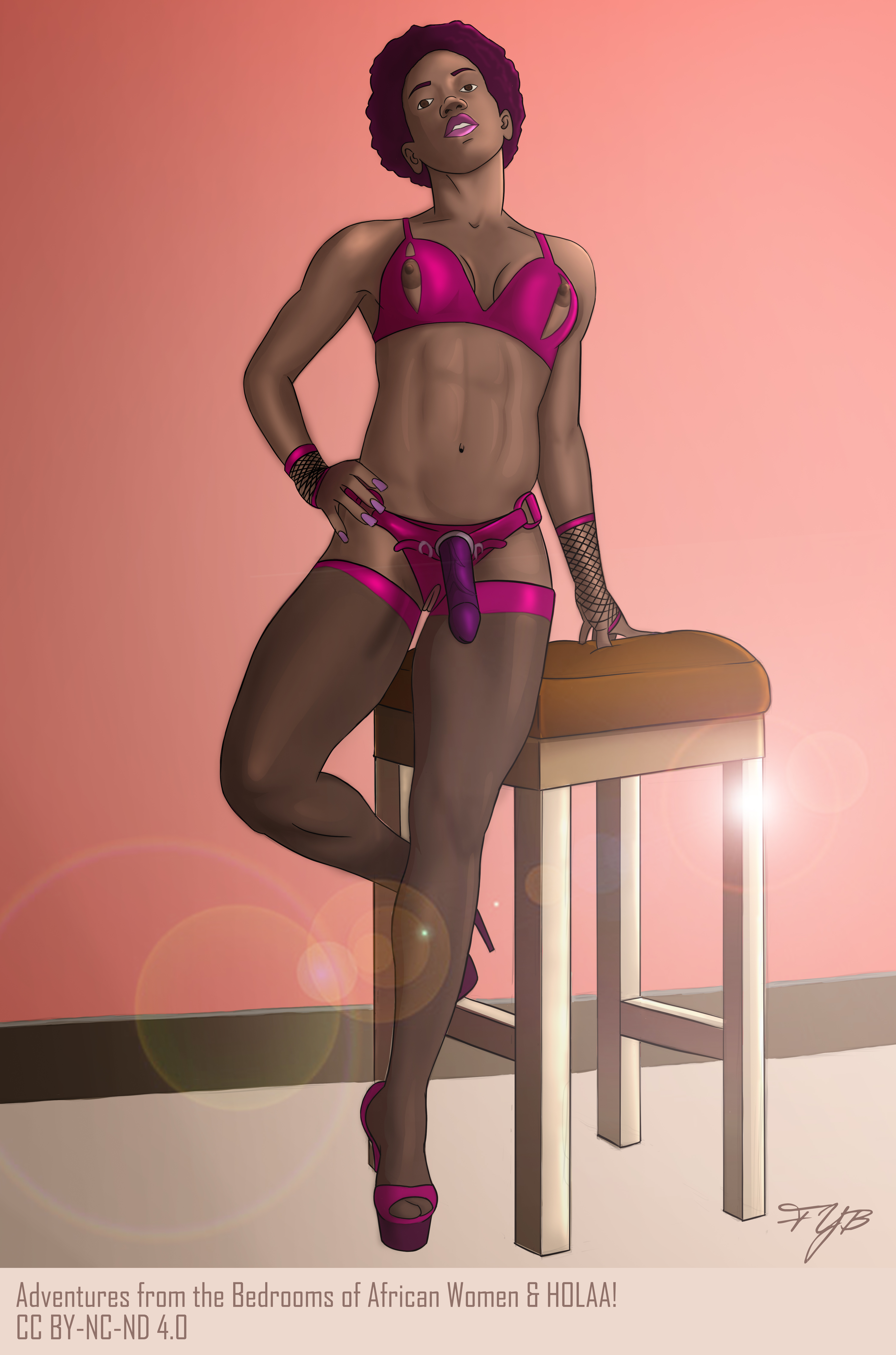 african woman in purple lingerie wearing a strapon