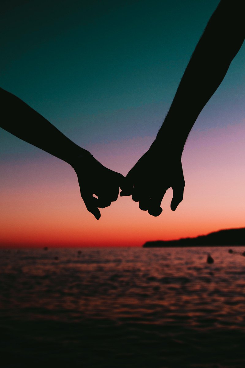 silhouette image of two people holding hands at the beach at sunset